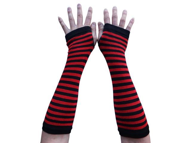 Women Striped Long Fingerless Gloves, Winter Knitted Arm Warmers For Punk Rock/ Cosplay/ Goth/ Christmas Party WM-S-G5 (Crimson & Black)