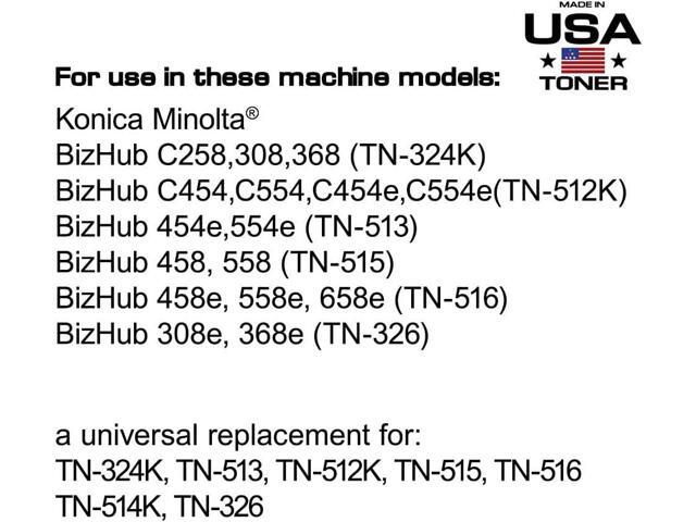 MADE IN USA TONER Compatible Replacement for use in Konica Minolta bizhub 308e, 368e, C258, C308, C368, C458, C558, TN512K, TN324K, TN513, TN514K,...