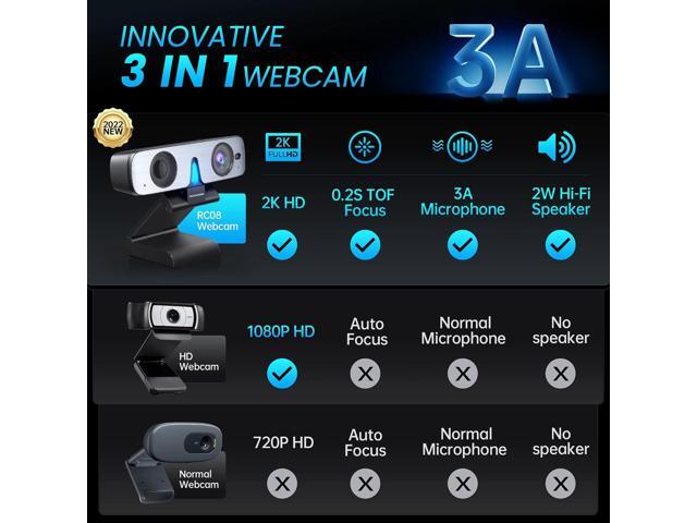 ROCWARE RC08 2K Webcam with Speaker, Webcam for PC, HD Web Cam with Noise Reduction Mic/Harman Speaker/4X Eptz/Privacy Cover/0.2S Auto-Focus/Low...