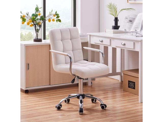 Yaheetech White Desk Chairs with Wheels/Armrests Modern PU Leather Office Chair Midback Adjustable Home Computer Executive Chair 360° Swivel