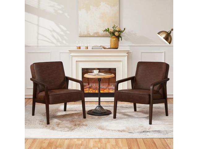 Yaheetech PU Leather Accent Chair, Mid-Century Modern Barrel Chair with Wooden Frame and Soft Thick Padded for Living Room Bedroom Home Office, 2.