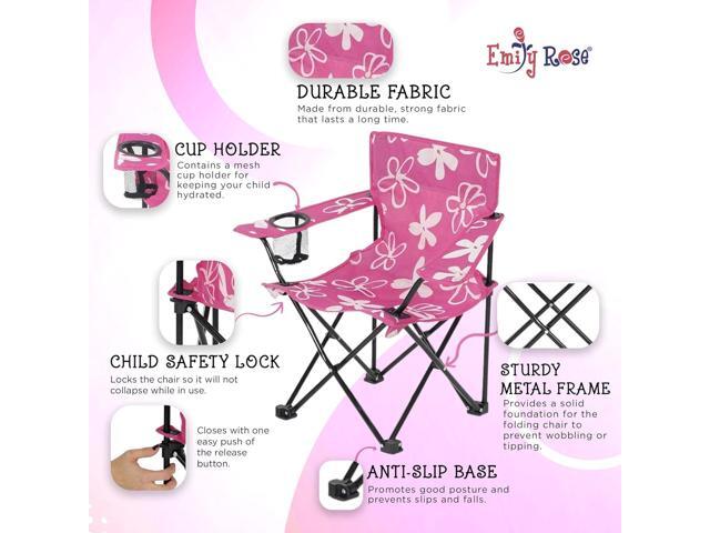 Emily Rose Kids Pink Folding Beach Camp Chair with Cup Holder Safety Lock & Carry Case - Toddler Girls Chair Ages 2-7 Indoor Outdoor Lightweight...