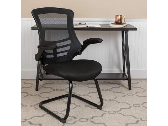 Flash Furniture Kelista Black Mesh Sled Base Side Reception Chair with Flip-Up Arms