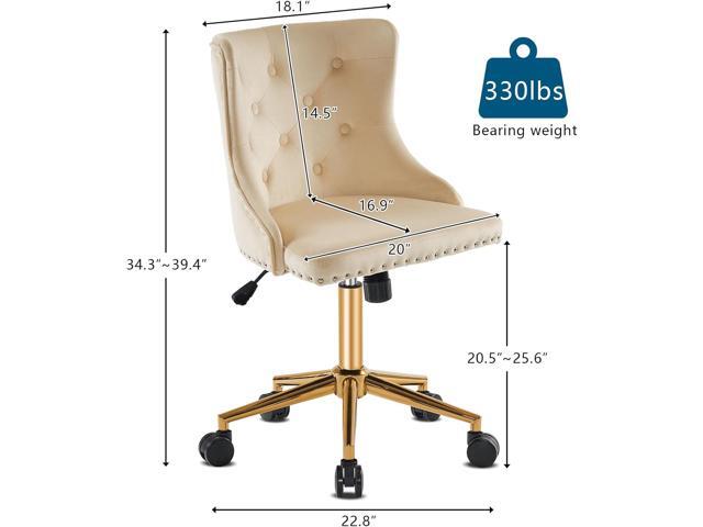 VINGLI Beige Velvet Armless Home Office Desk Chair with Gold Base/Wheels, Small Cute Vanity/Makeup Chair with Back for Bedroom, Upholstered...
