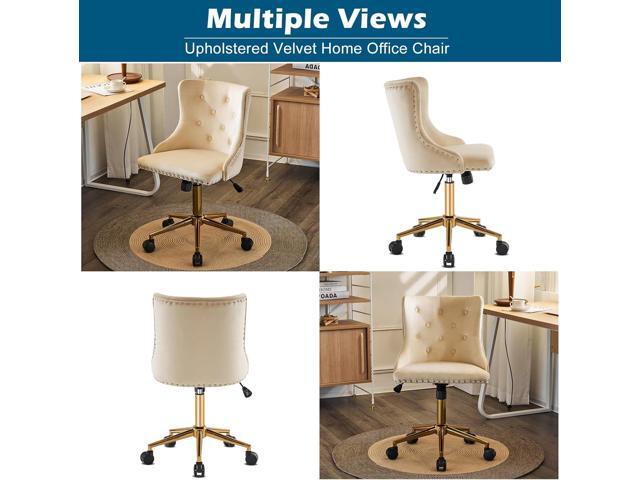VINGLI Beige Velvet Armless Home Office Desk Chair with Gold Base/Wheels, Small Cute Vanity/Makeup Chair with Back for Bedroom, Upholstered...