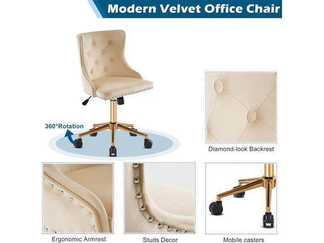 VINGLI Beige Velvet Armless Home Office Desk Chair with Gold Base/Wheels, Small Cute Vanity/Makeup Chair with Back for Bedroom, Upholstered...