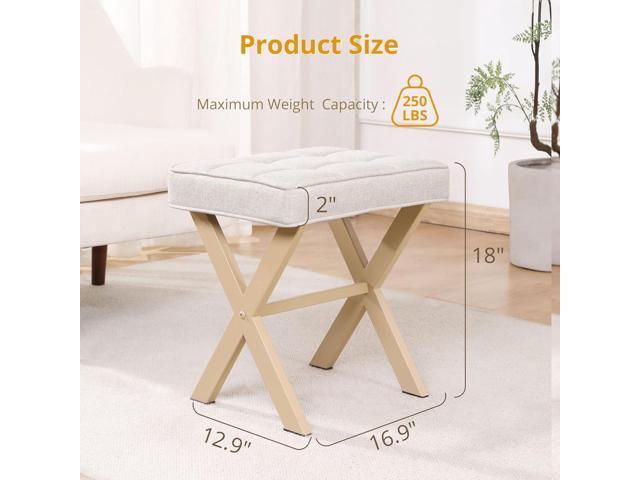 LUE BONA Square Linen Makeup Stool, Metal X Legs, Small Ottoman Stool Chair for Vanity, Modern Padded Seat Foot Rest for Makeup Room, Bathroom
