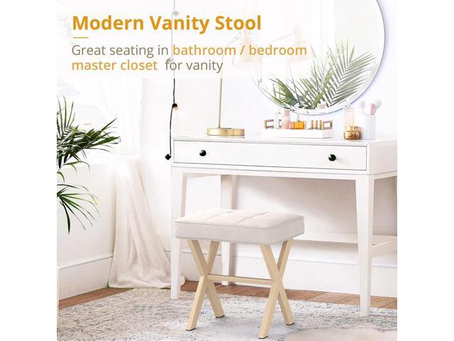 LUE BONA Square Linen Makeup Stool, Metal X Legs, Small Ottoman Stool Chair for Vanity, Modern Padded Seat Foot Rest for Makeup Room, Bathroom