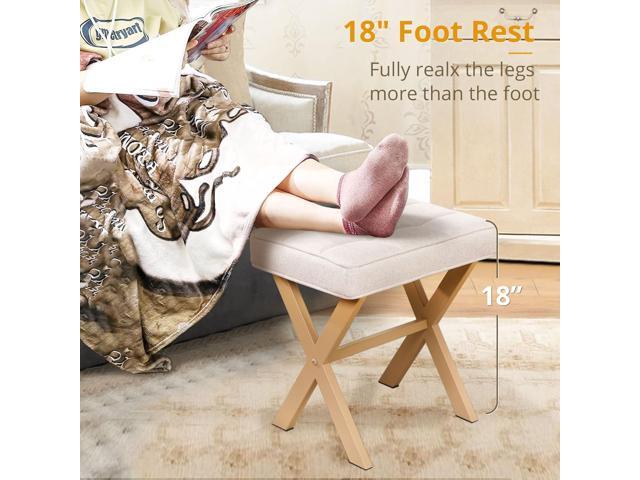 LUE BONA Square Linen Makeup Stool, Metal X Legs, Small Ottoman Stool Chair for Vanity, Modern Padded Seat Foot Rest for Makeup Room, Bathroom
