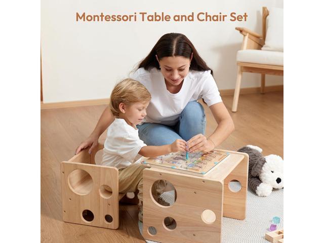 Kids Table and Chair Set, Montessori Weaning Table and Chair Set for Toddler, Natural Solid Wooden Activity Table Cube Chair for Drawing Reading,...