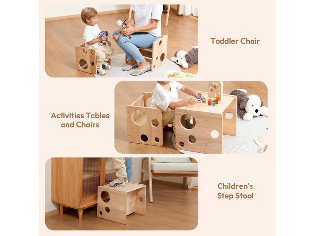 Kids Table and Chair Set, Montessori Weaning Table and Chair Set for Toddler, Natural Solid Wooden Activity Table Cube Chair for Drawing Reading,...