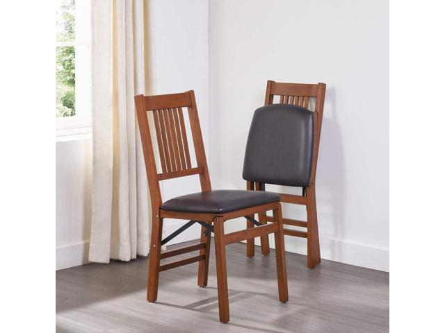 MECO Stakmore True Mission Wooden Folding Chairs with Padded Seats, Set of 2 - No Assembly Foldable Dining Chairs, Steel Folding Mechanism,...