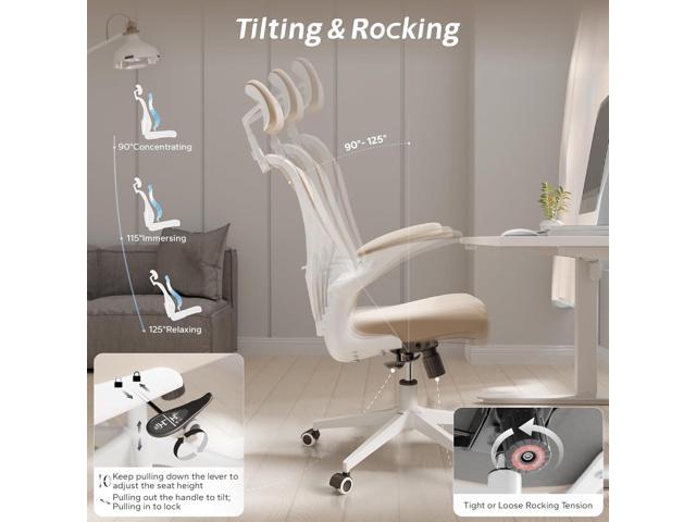 Ergonomic Office Chair with Adjustable Flip-Up Armrests & Lumbar Support - Thickened Cushion Desk Chair with Wheels, Comfy Home Office Computer Chair
