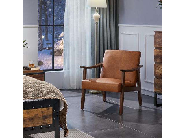 Yaheetech PU Leather Accent Chair, Mid-Century Modern Armchair with Solid Wood Legs, Reading Leisure Chair with High Back for Living Room Bedroom...