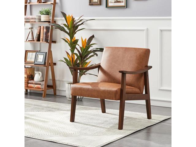 Yaheetech PU Leather Accent Chair, Mid-Century Modern Armchair with Solid Wood Legs, Reading Leisure Chair with High Back for Living Room Bedroom...