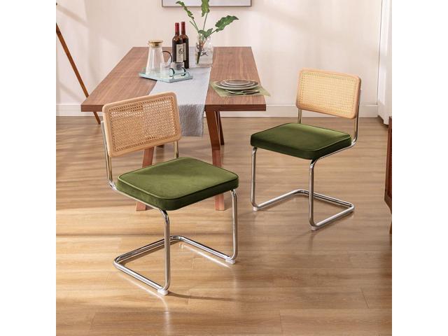 Zesthouse Natural Rattan Dining Chairs Set of 2, Olive Green Modern Kitchen Chairs with Solid Wood Back & Chrome Base, Mid Century Breuer Design...