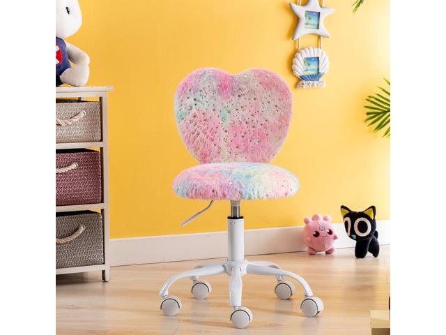 Small Kids Chair, Cute Heart Girls Desk Chair, Rolling Study Chairs Furry Pink Computer Chairs, Faux Fur Swivel Vanity Chairs for Children...