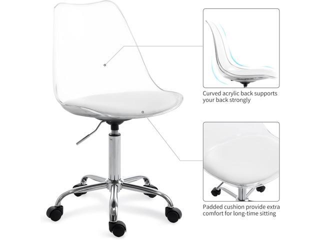 HOMEFUN Clear Desk Chair with Cushion, Armless Acrylic Rolling Chair Height Adjustable Ghost Swivel Molded Plastic and Wheels, Clear