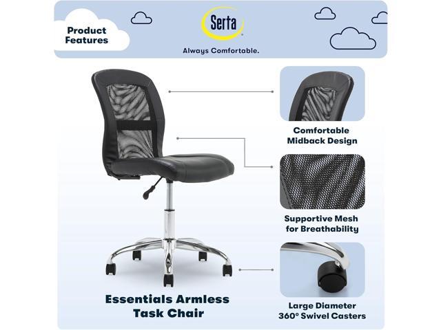 Serta Essential Armless DeskChair, Small Task Chair with Wheels, Breathable Mesh Back, SertaQuality Foam Cushion Seat for Comfort, Functional,...