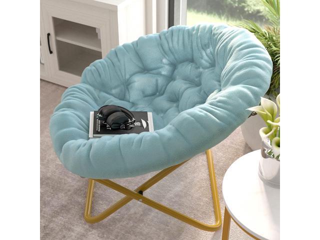EMMA + OLIVER Ersa Folding Saucer Chair - Dusty Aqua Faux Fur Cushion - 38' Oversized Design - Metal Frame in Soft Gold - No Assembly - Holds 300...