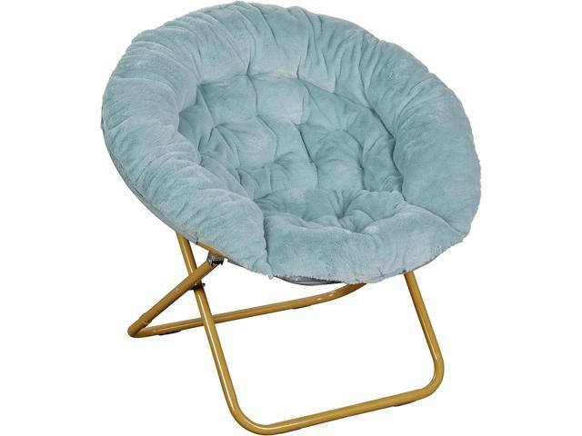 EMMA + OLIVER Ersa Folding Saucer Chair - Dusty Aqua Faux Fur Cushion - 38' Oversized Design - Metal Frame in Soft Gold - No Assembly - Holds 300...