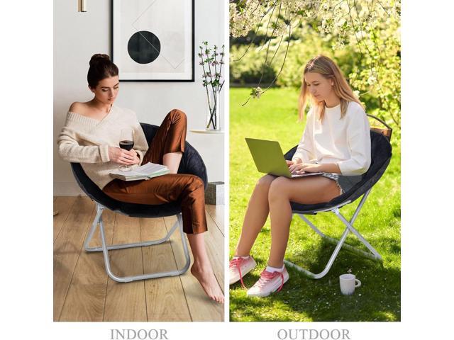 SUPER DEAL Folding Saucer Chair, Adults Kids Portable Faux Fur Round Chair for Living Room Dorm Room Apartment, Black