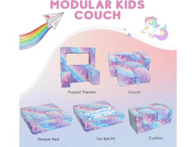 MeMoreCool Glow in The Dark Kids Couch Modular Fold-Out Toddler Sofa (Rainbow) Convertible Play Couch for Bedroom & Playroom; Chair, Bed, Fort...