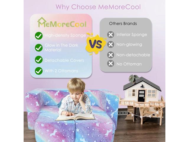 MeMoreCool Glow in The Dark Kids Couch Modular Fold-Out Toddler Sofa (Rainbow) Convertible Play Couch for Bedroom & Playroom; Chair, Bed, Fort...