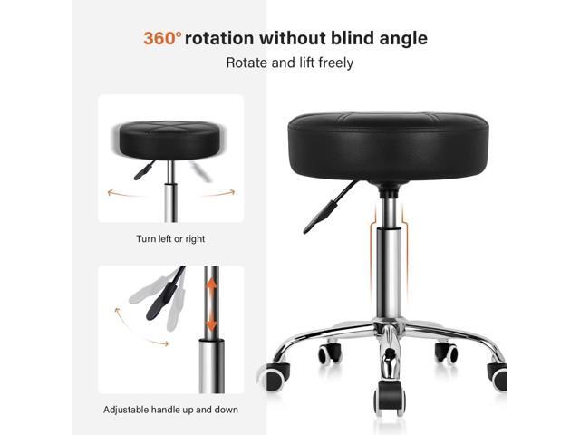 KKTONER Round Rolling Stool PU Leather Height Adjustable Swivel Drafting Work SPA Medical Salon Stools Chair with Wheels Black