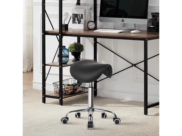 KKTONER Rolling Saddle Stool PU Leather Swivel Adjustable Rolling Stool with Wheels Salon Chair Black