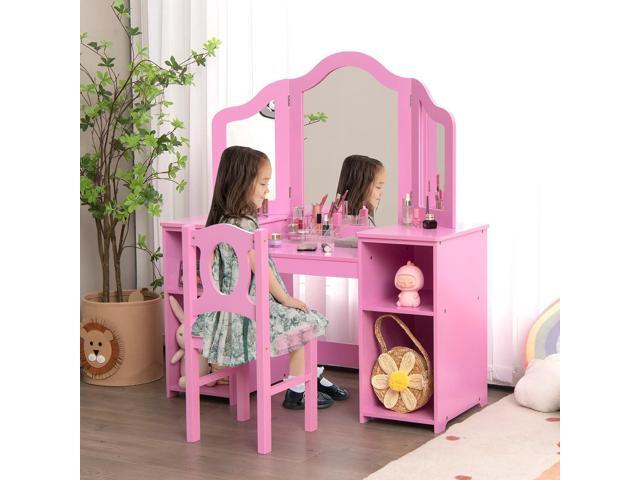 INFANS Kids Vanity, 2 in 1 Princess Makeup Desk & Chair Set with Tri-Folding Detachable Mirror, Large Storage Shelves, Wooden Pretend Play Dressing...