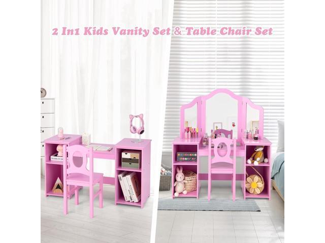 INFANS Kids Vanity, 2 in 1 Princess Makeup Desk & Chair Set with Tri-Folding Detachable Mirror, Large Storage Shelves, Wooden Pretend Play Dressing...