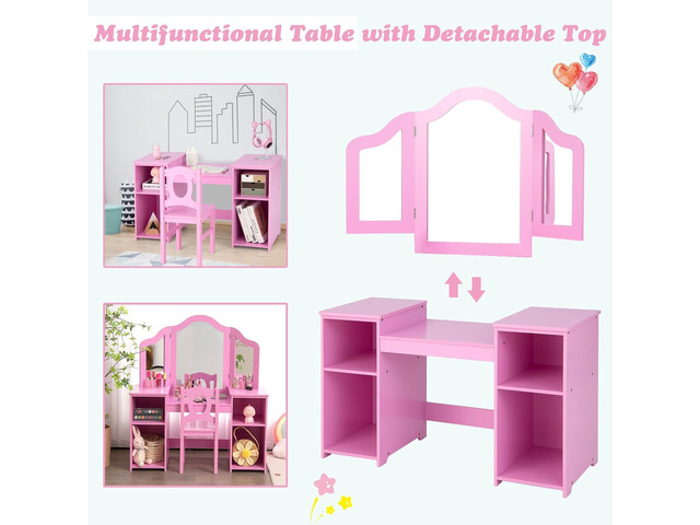 INFANS Kids Vanity, 2 in 1 Princess Makeup Desk & Chair Set with Tri-Folding Detachable Mirror, Large Storage Shelves, Wooden Pretend Play Dressing...