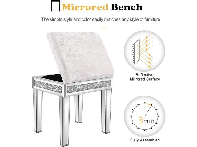 VINGLI Mirrored Vanity Stool with Storage, Upholstered Velvet Ottoman, Makeup Dressing Table Bench with Sparking Diamonds, Silver