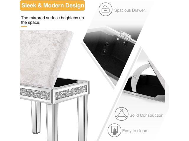 VINGLI Mirrored Vanity Stool with Storage, Upholstered Velvet Ottoman, Makeup Dressing Table Bench with Sparking Diamonds, Silver