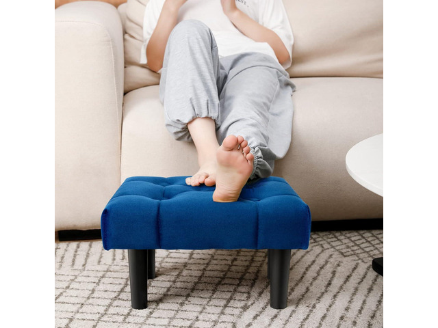 HOUCHICS Small Footstool Ottoman, Velvet Wooden Foot Stool Ottoman with Wood Legs, Sofa Footrest Extra Seating for Living Room Entryway Office(Blue...