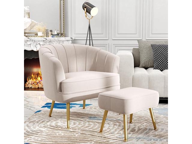 Andeworld Velvet Accent Chair with Ottoman, Upholstered Modern Single Sofa Side Chair,Comfy Barrel Club Living Room Armchair with Golden Metal Legs...