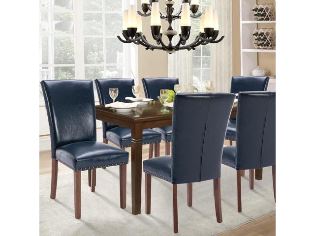 Parsons Dining Chairs Set of 2, Upholstered Nailhead PU Leather Dining Room Kitchen Side Chair with Thick Cushions and Wood Legs, Blue