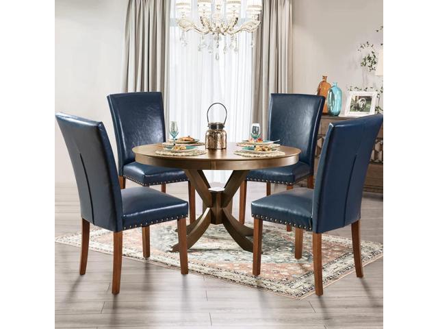 Parsons Dining Chairs Set of 2, Upholstered Nailhead PU Leather Dining Room Kitchen Side Chair with Thick Cushions and Wood Legs, Blue