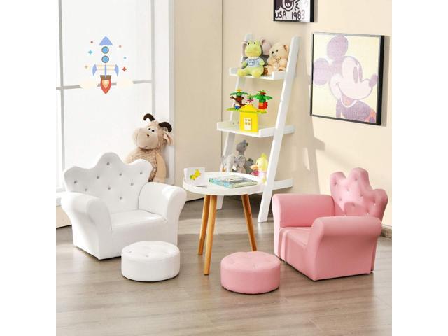 Costzon Kids Sofa, Children Upholstered Sofa with Ottoman, Princess Sofa with Diamond Decoration, Ottoman, Smooth PVC Leather Toddler Chair, Kids...