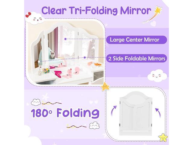 Costzon Kids Vanity, 2 in 1 Princess Makeup Desk & Chair Set with Detachable Tri-Folding Mirror, Storage Shelves, Wooden Toddler Vanity Dressing...