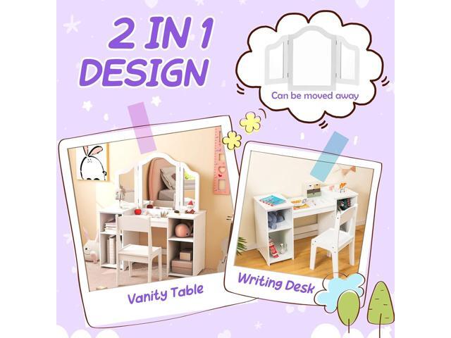 Costzon Kids Vanity, 2 in 1 Princess Makeup Desk & Chair Set with Detachable Tri-Folding Mirror, Storage Shelves, Wooden Toddler Vanity Dressing...