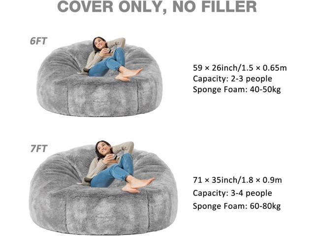 (No Filler) 6FT Giant Bean Bag Chair Cover Soft Faux RH Fur Sofa Bed Washable Bean Bag Couch Cover for Adult and Kids with Liner