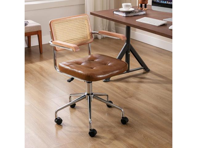 Zesthouse Modern Home Office Chair Leather Desk Chair with Natural Rattan Back, Vanity Chair for Girls Women, Upholstered Tufted Swivel Armchair,...