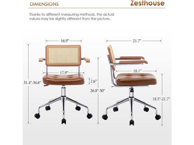 Zesthouse Modern Home Office Chair Leather Desk Chair with Natural Rattan Back, Vanity Chair for Girls Women, Upholstered Tufted Swivel Armchair,...