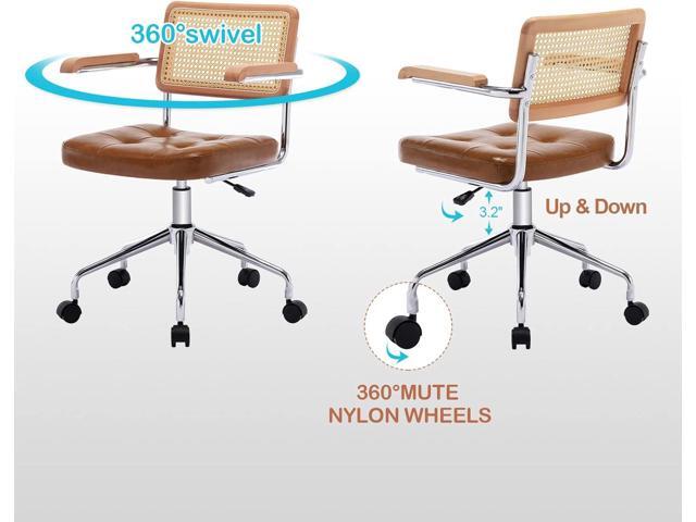 Zesthouse Modern Home Office Chair Leather Desk Chair with Natural Rattan Back, Vanity Chair for Girls Women, Upholstered Tufted Swivel Armchair,...
