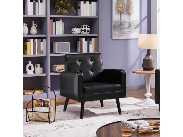 Yaheetech Mid-Century Accent Chairs, PU Leather Modern Upholstered Living Room Chair, Cozy Armchair Button Tufted Back and Wood Legs for...