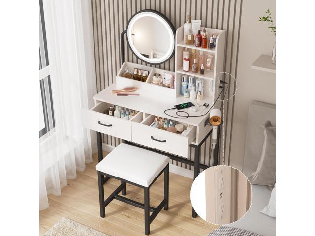 Vabches Makeup Vanity with Round Mirror and Lights, White Vanity Makeup Table with Charging Station, Small Vanity Table for Bedroom, 3 Lighting...