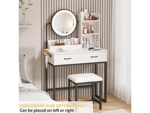 Vabches Makeup Vanity with Round Mirror and Lights, White Vanity Makeup Table with Charging Station, Small Vanity Table for Bedroom, 3 Lighting...