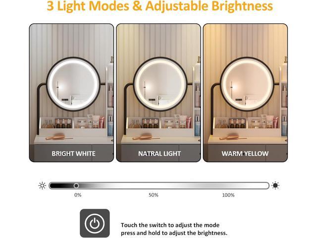 Vabches Makeup Vanity with Round Mirror and Lights, White Vanity Makeup Table with Charging Station, Small Vanity Table for Bedroom, 3 Lighting...